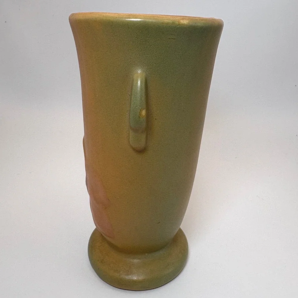 Vintage 1930s Weller Pottery Wild Rose Vase Peach Green Dual Handle 6.5
